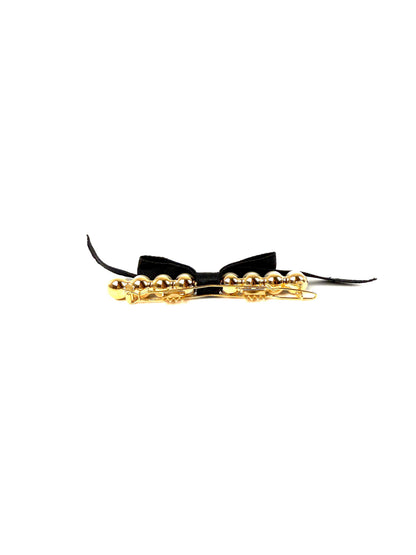 CHANEL Black Faux Pearl Bow CC Logo 2025 Gold hardware Hair Barrette Clip