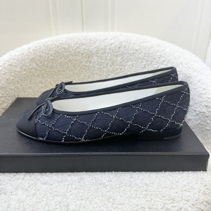 Chanel Classic Ballerina Pumps in Embroidered Denim / Black Gosgrain Size 36