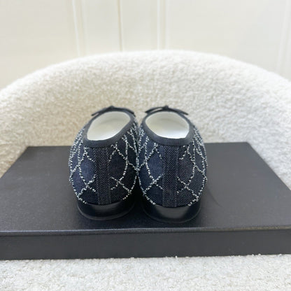 Chanel Classic Ballerina Pumps in Embroidered Denim / Black Gosgrain Size 36