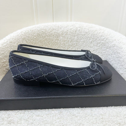 Chanel Classic Ballerina Pumps in Embroidered Denim / Black Gosgrain Size 36