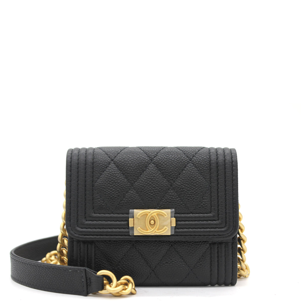 Black Caviar Leather Boy  Holder with Chain
