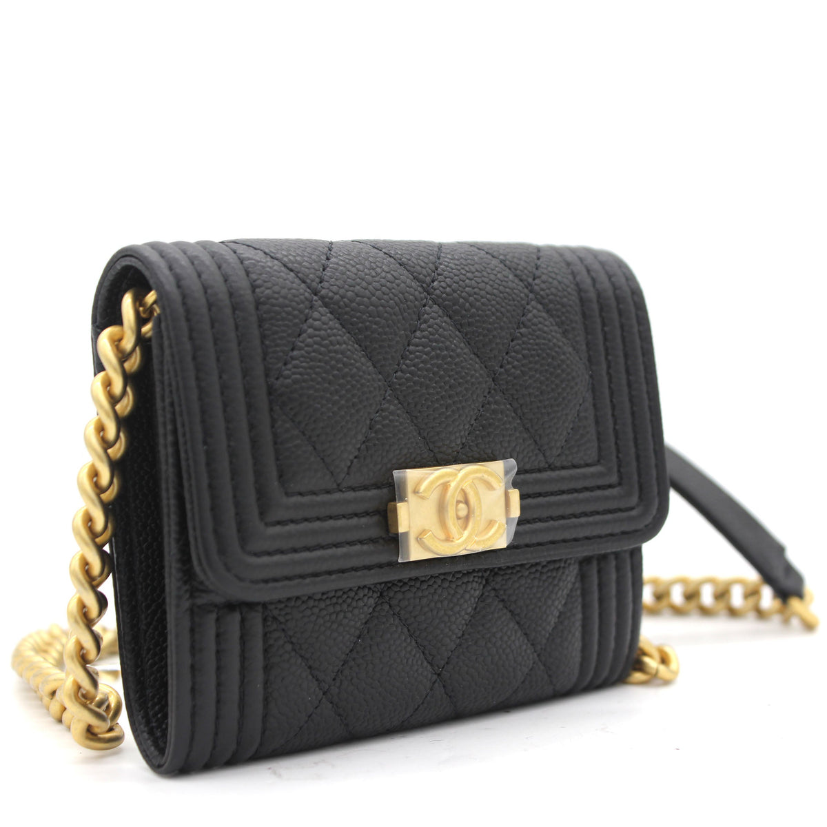 Black Caviar Leather Boy  Holder with Chain