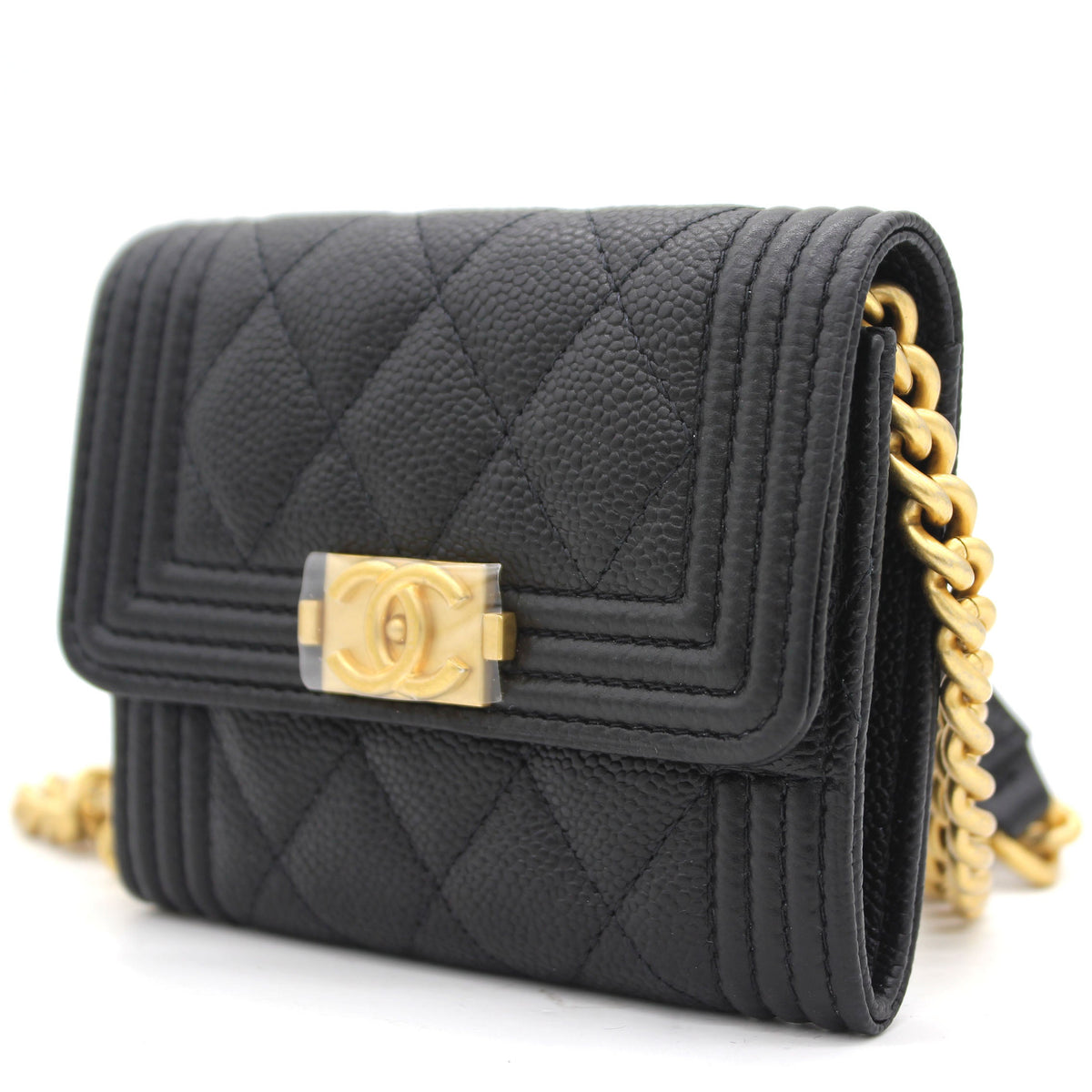Black Caviar Leather Boy  Holder with Chain