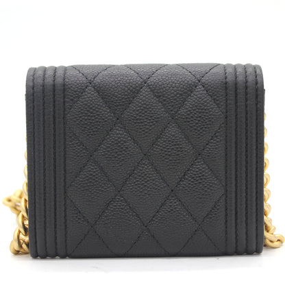 Black Caviar Leather Boy  Holder with Chain