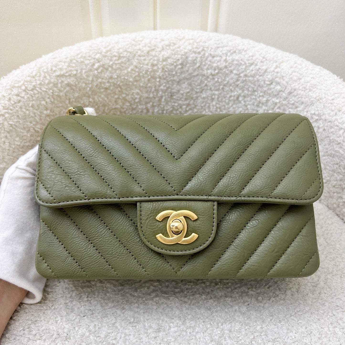 Chanel Classic Mini Rectangular Flap in Chevron Quilted Moss Green Distressed Calfskin and AGHW
