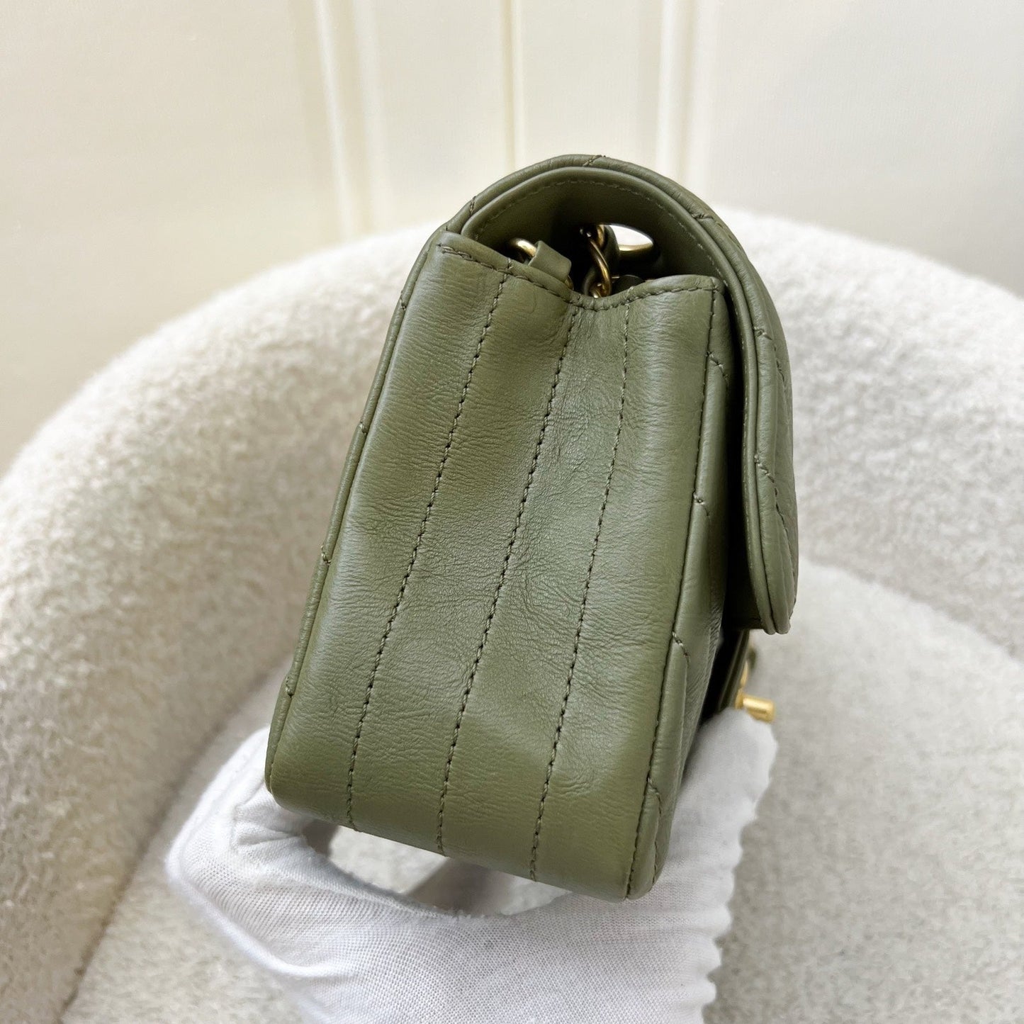 Chanel Classic Mini Rectangular Flap in Chevron Quilted Moss Green Distressed Calfskin and AGHW