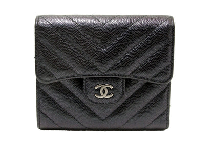 Chanel Black Iridescent Caviar Chevron Quilted Compact Flap Wallet