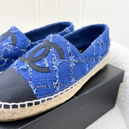 Chanel Espadrilles in Blue Tweed and Black Gosgrain Sz 37