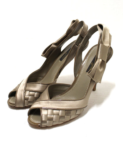 Louis Vuitton Taupe Satin Bow Woven Open Toe Pump Shoes Size 37.5