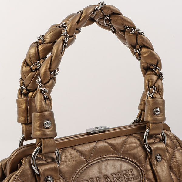 Chanel Around 2006 Made Wild Stitch Logo Embossed Metal Clasp Top Handle Bag Brown