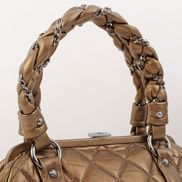 Chanel Around 2006 Made Wild Stitch Logo Embossed Metal Clasp Top Handle Bag Brown