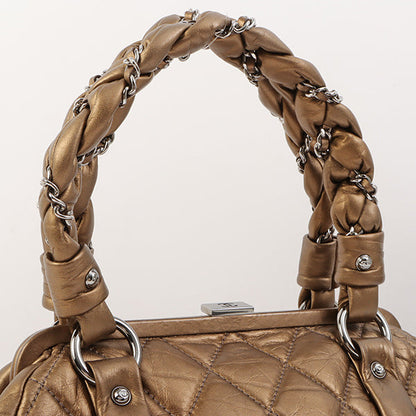 Chanel Around 2006 Made Wild Stitch Logo Embossed Metal Clasp Top Handle Bag Brown