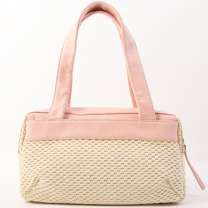 Chanel Around 2005 Made Cotton Leather Combination Logo Embossed Top Handle Bag Beige/Pink
