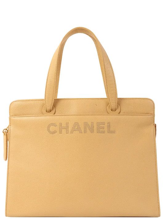 Chanel Around  Made Caviar Skin Logo Embroidered Tote Bag Beige