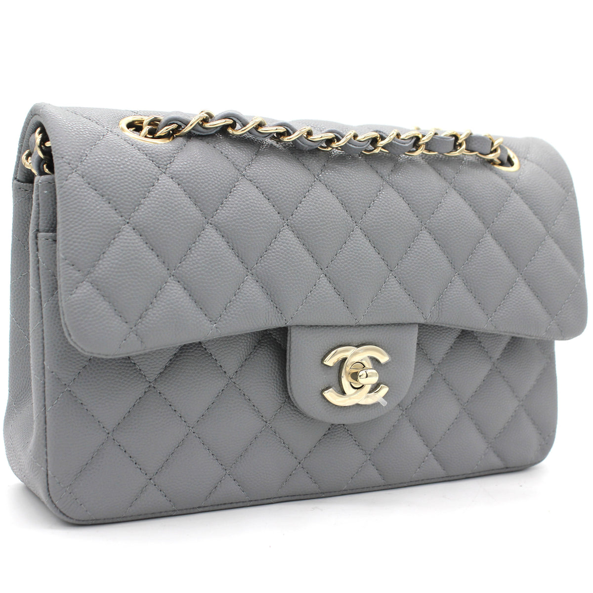 Caviar Quilted Small Classic Double Flap Grey