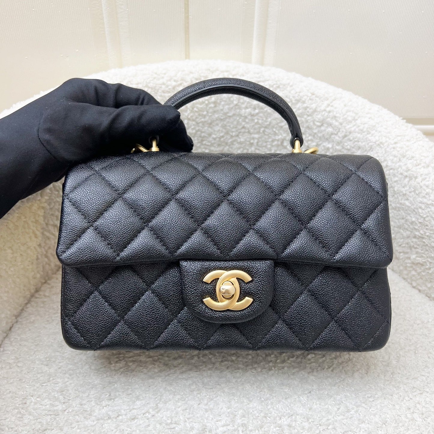 Chanel Top Handle Mini Rectangle Flap in 21S Black Caviar and AGHW