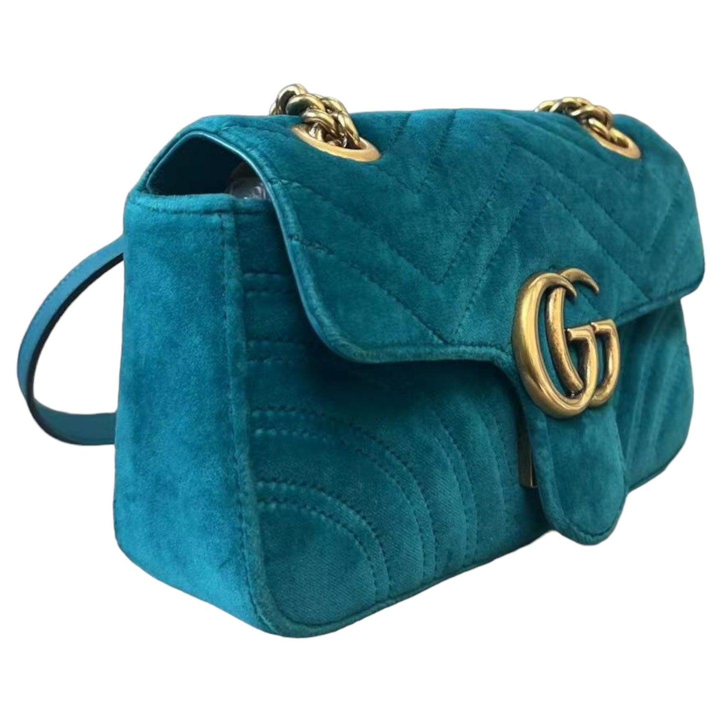 Gucci GG Marmont Mini Velvet Matelasse Shoulder Teal GHW