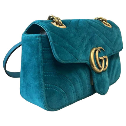 Gucci GG Marmont Mini Velvet Matelasse Shoulder Teal GHW