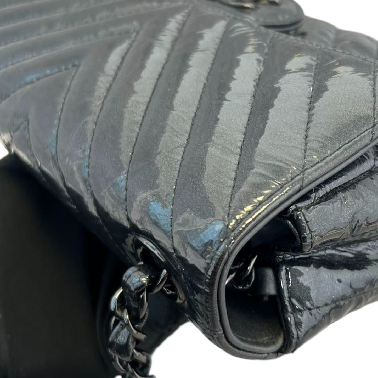 Rectangular Flap Mini Patent Metallic Calfskin Chevron Black BHW