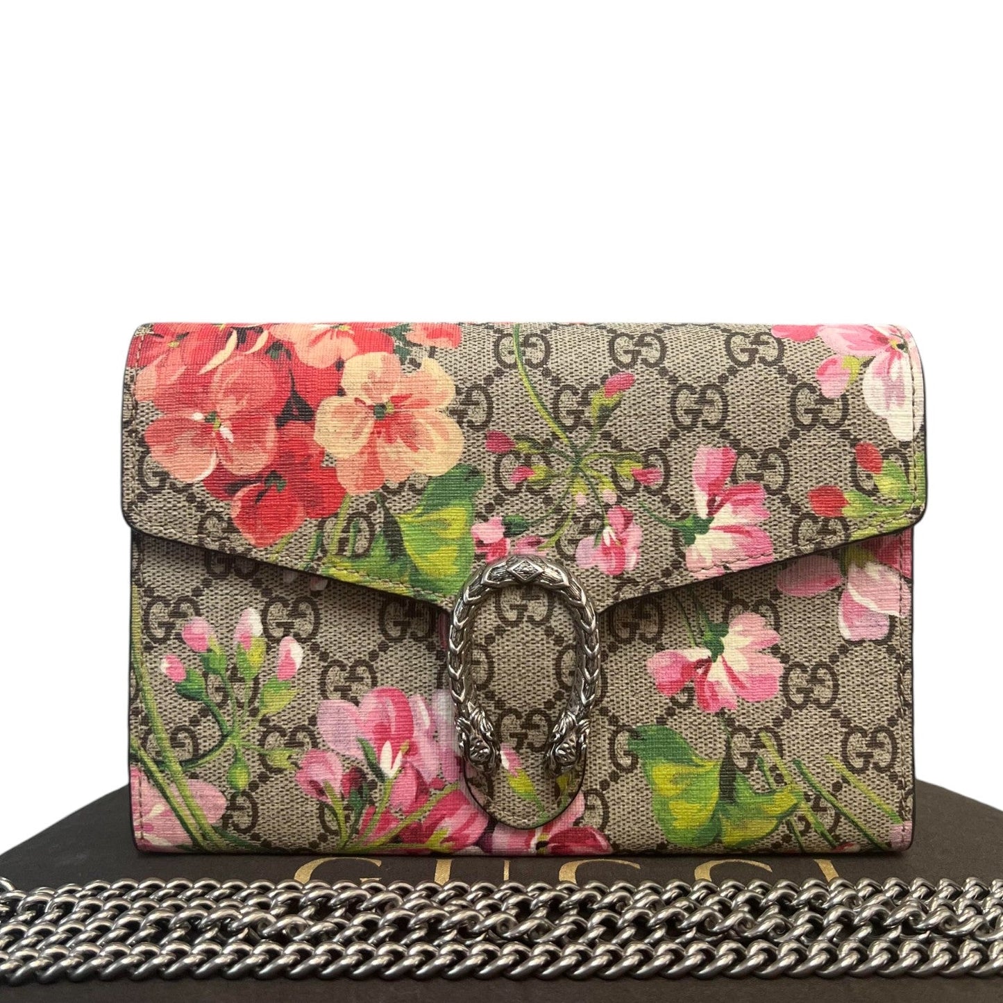 Gucci Dionysus Chain Wallet Mini GG Supreme Monogram Blooms Beige Multicolor