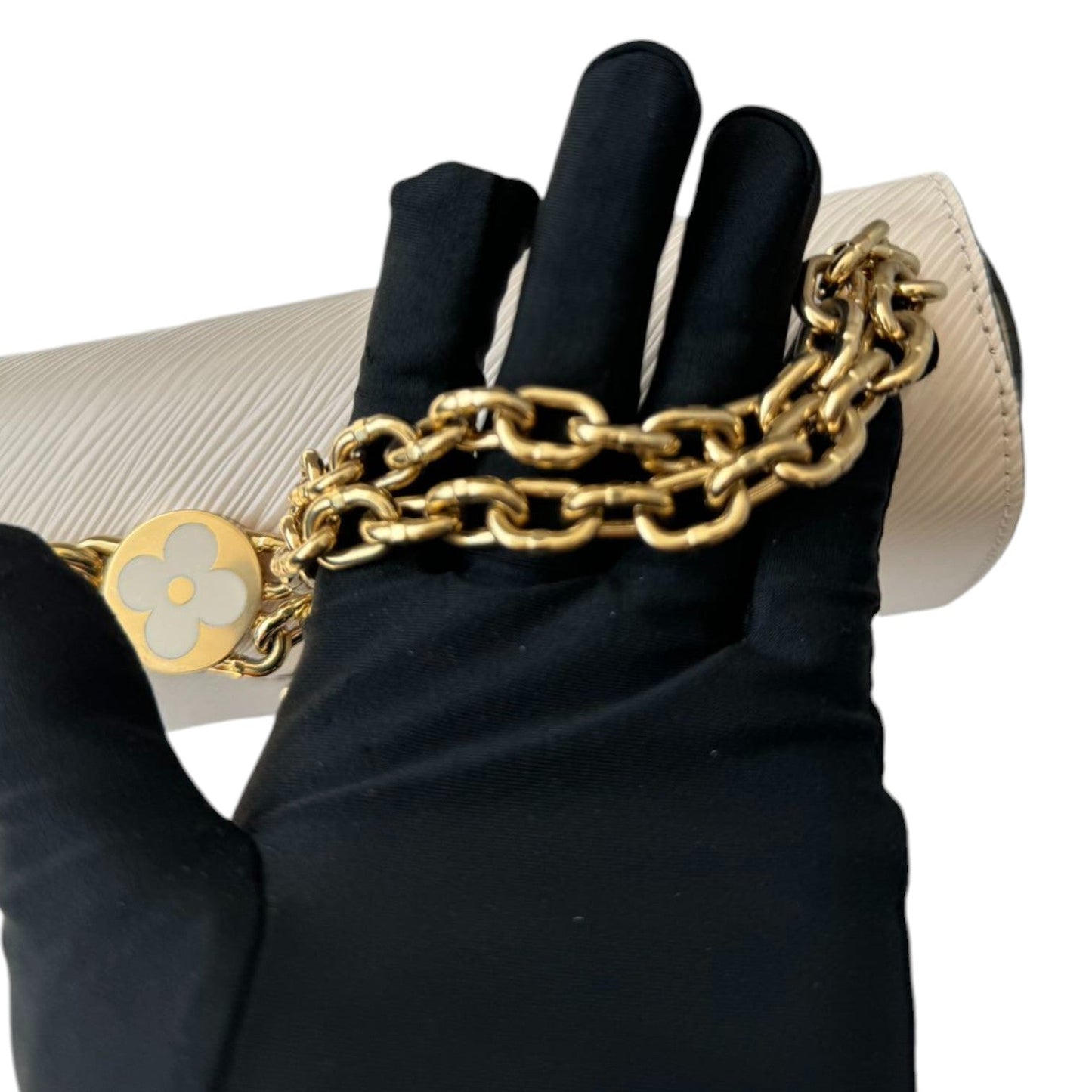 Louis-Vuitton Twist MM Flower Chain Shoulder Quartz White GHW