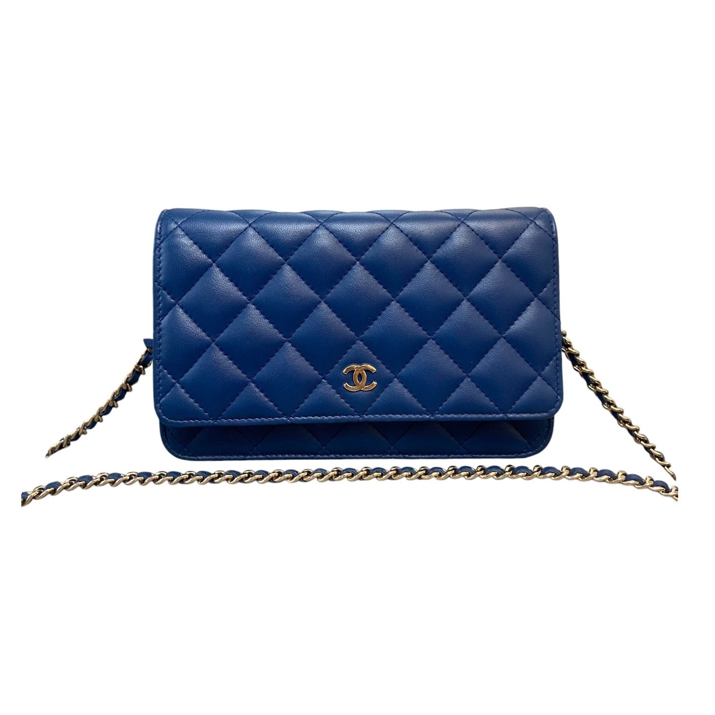 Wallet On Chain WOC Lambskin Quilted Blue GHW