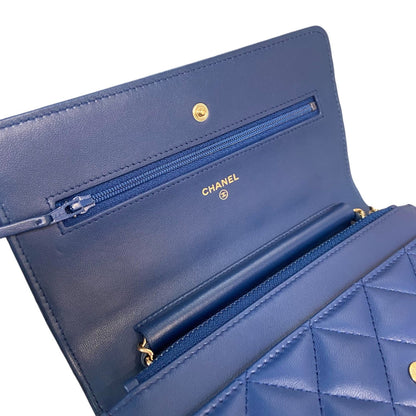 Wallet On Chain WOC Lambskin Quilted Blue GHW