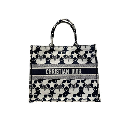 Book Tote Medium Lucky Star Embroidery Black White