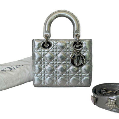 My Lady Dior Lucky Badges Small Metallic Grained Calfskin Silver SHW