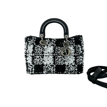 Lady Dior Medium Lambskin Sequin Embellished Black White SHW