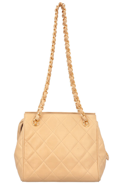 CHANEL Quilted Logo Shoulder Bag Beige