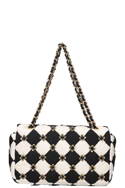 CHANEL Pre Fall 2021 Metier D'Art Checkerboard Embroidered Single Flap Satin