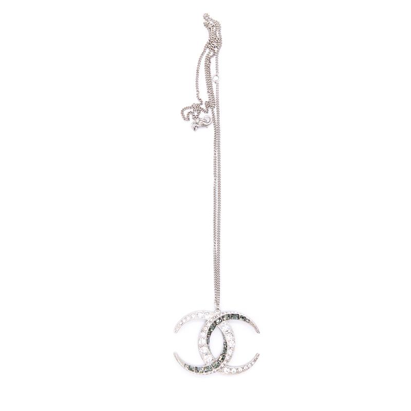 Chanel CC Crystal Silver Tone Pendant Necklace