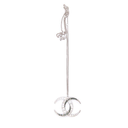 Chanel CC Crystal Silver Tone Pendant Necklace