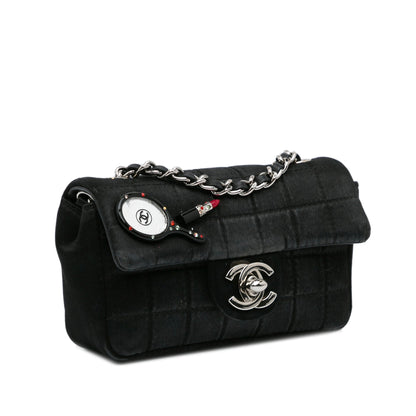 Black Chanel Extra Mini Satin Choco Bar Charms Flap Bag