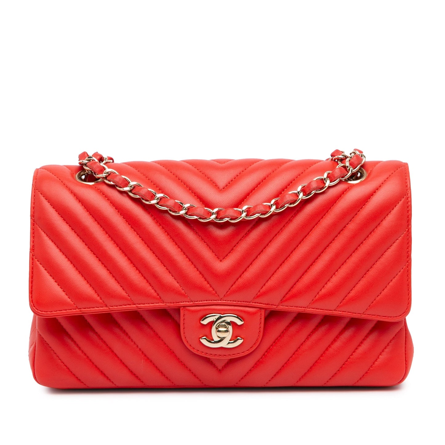 Red Chanel Medium Classic Chevron Lambskin Double Flap Shoulder Bag