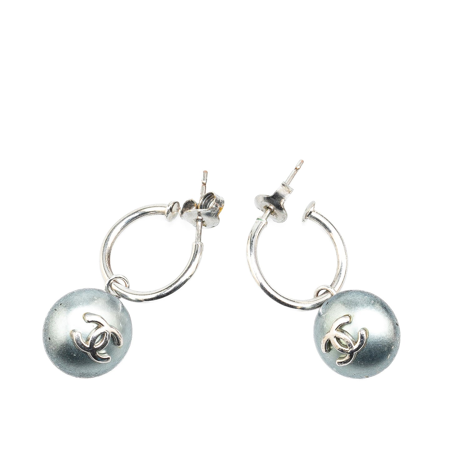 Silver Chanel Silver Swing Faux Pearl Push Back Earrings