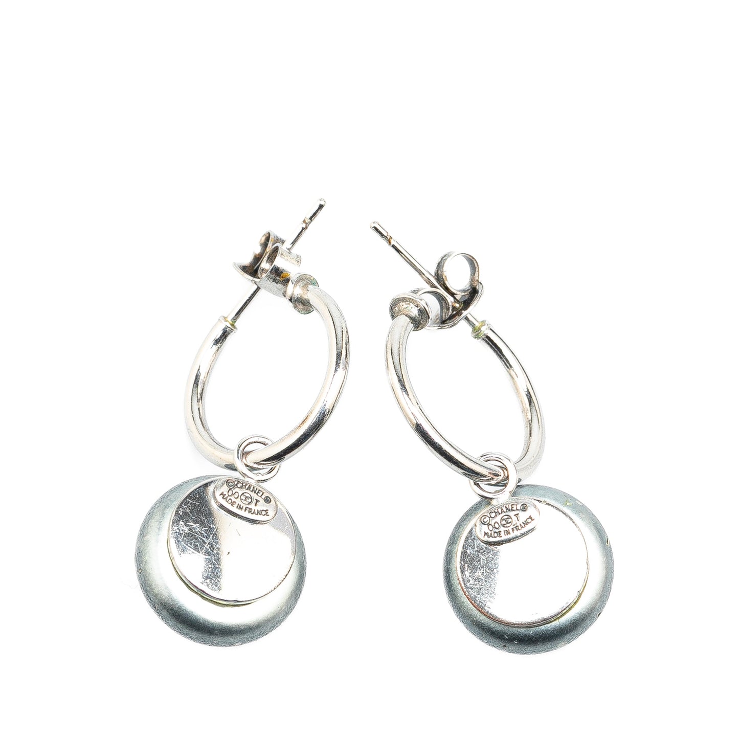 Silver Chanel Silver Swing Faux Pearl Push Back Earrings