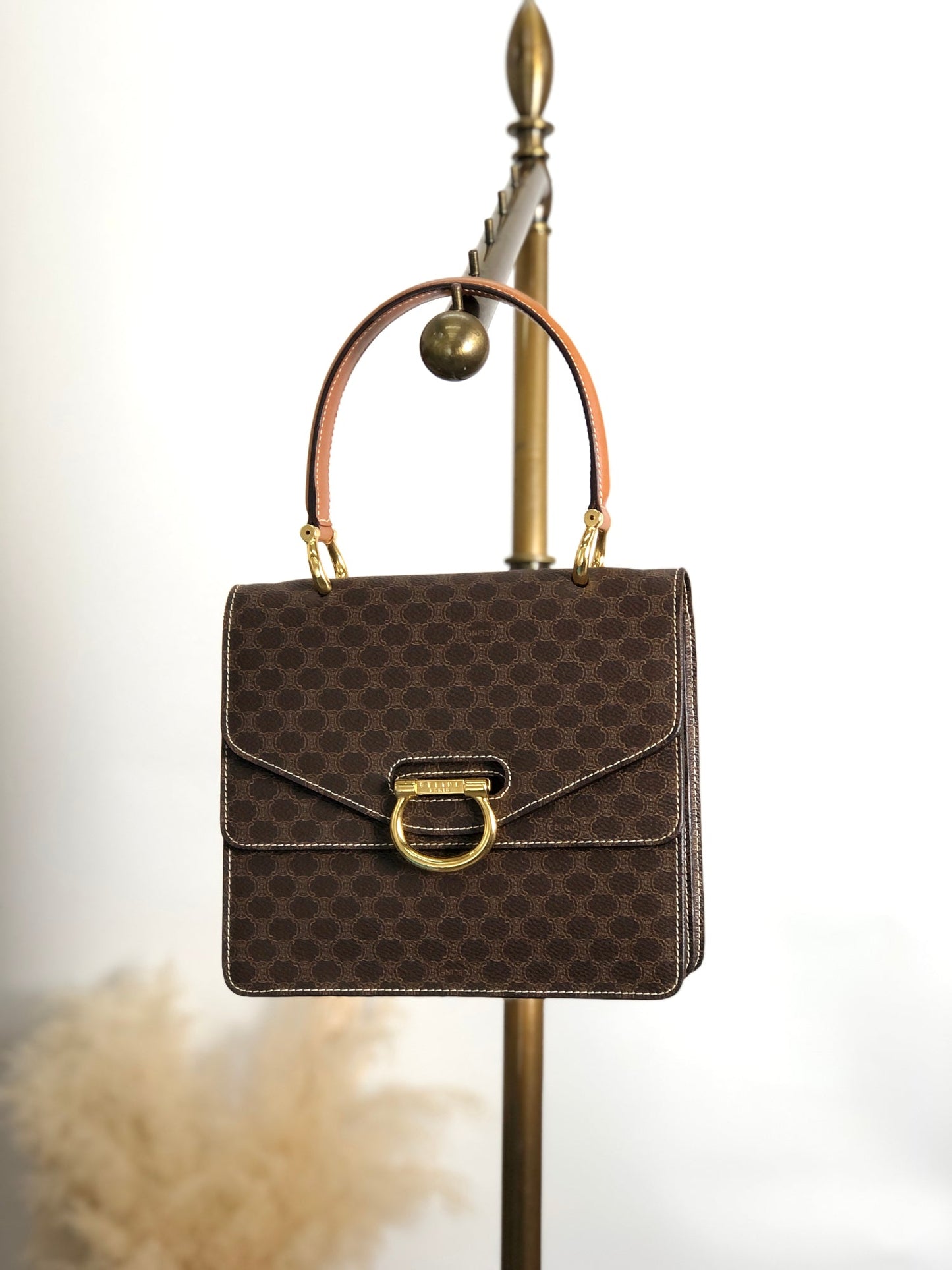 CELINE Macadam Horse Bit Double Flap Handbag Brown Vintage 8byndv