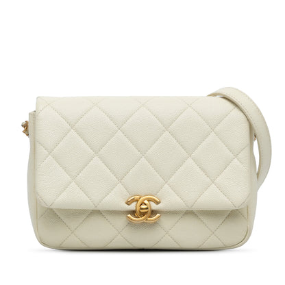 White Chanel Small Quilted Caviar Chain Melody Flap Crossbody Bag