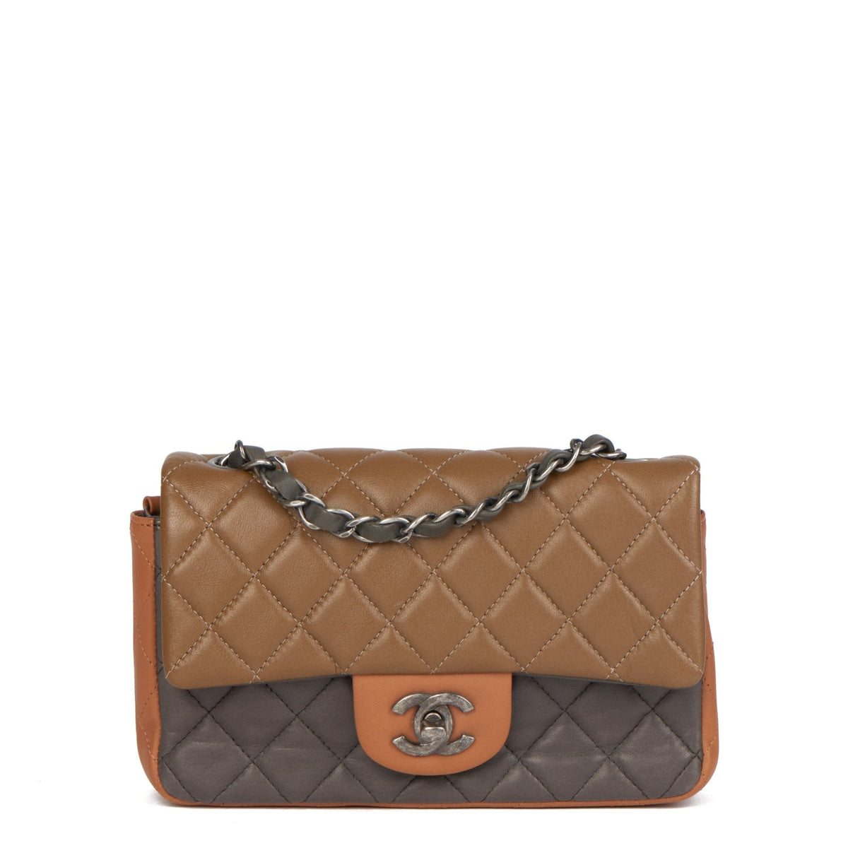 Chanel Khaki, Grey & Dark Beige Quilted Lambskin Rectangular Mini Flap Bag