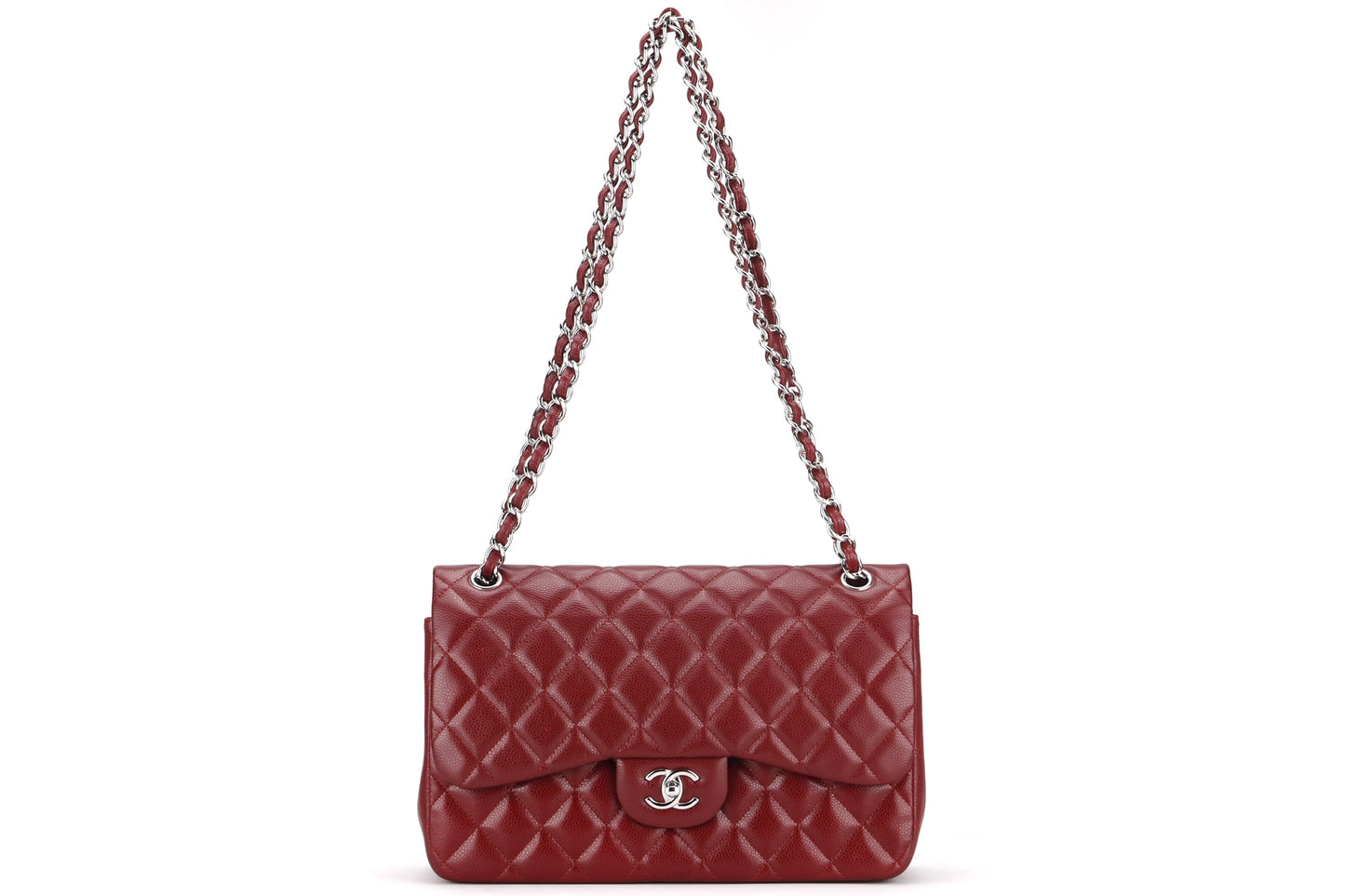 CHANEL CLASSIC FLAP (1533xxxx) JUMBO MAROON CAVIAR SILVER HARDWARE, WITH , DUST COVER & BOX