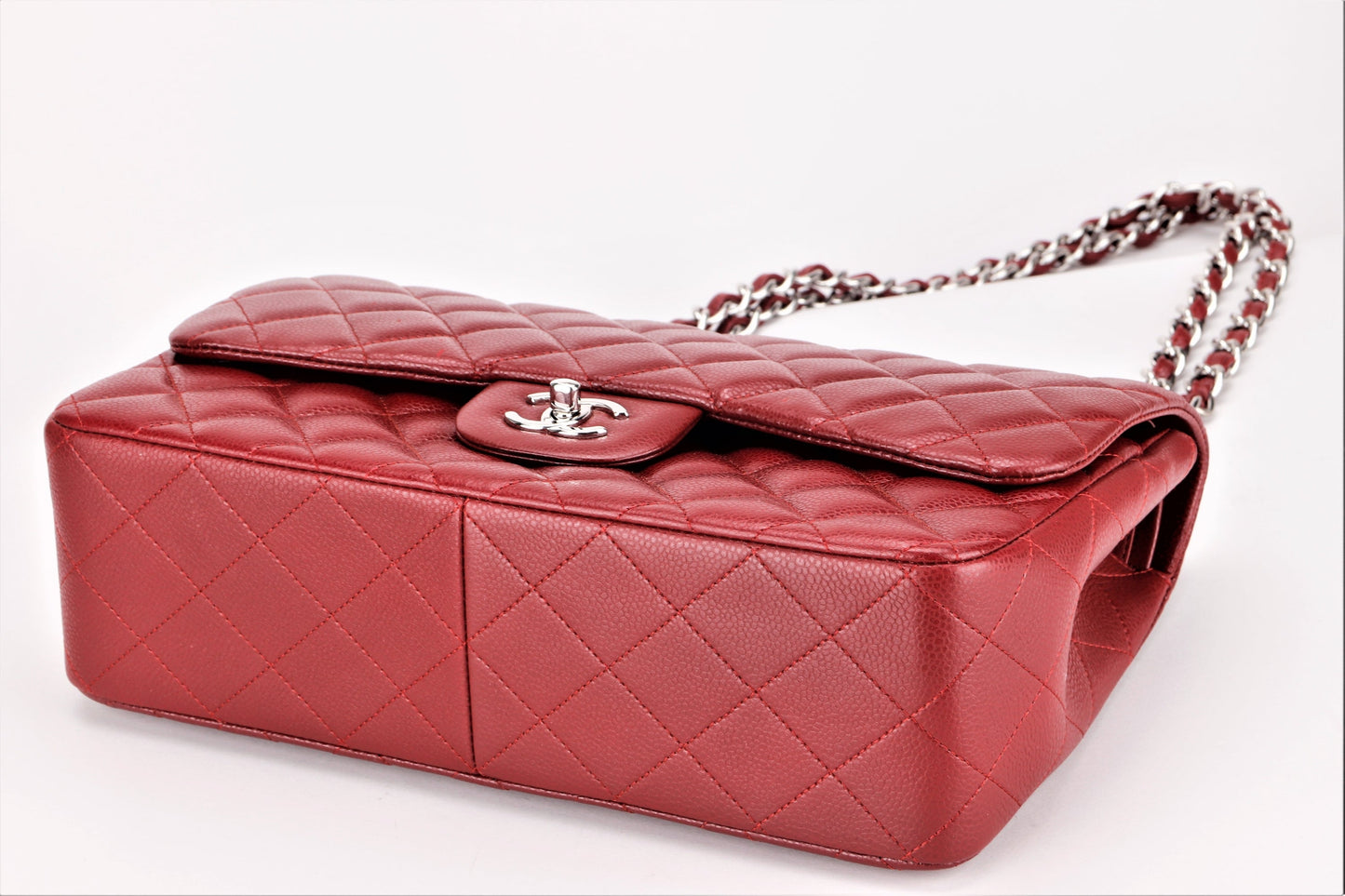 CHANEL CLASSIC FLAP (1533xxxx) JUMBO MAROON CAVIAR SILVER HARDWARE, WITH , DUST COVER & BOX