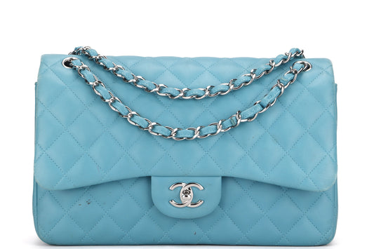 CHANEL CLASSIC FLAP (1943xxxx) JUMBO TURQUOISE COLOR LAMBSKIN SILVER HARDWARE, WITH , NO DUST COVER