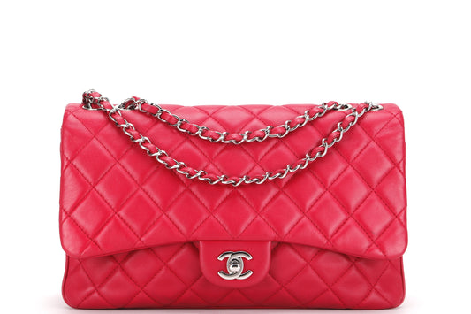 CHANEL CC FLAP (1912xxxx) JUMBO DARK PINK LAMBSKIN SILVER HARDWARE, WITH  & DUST COVER