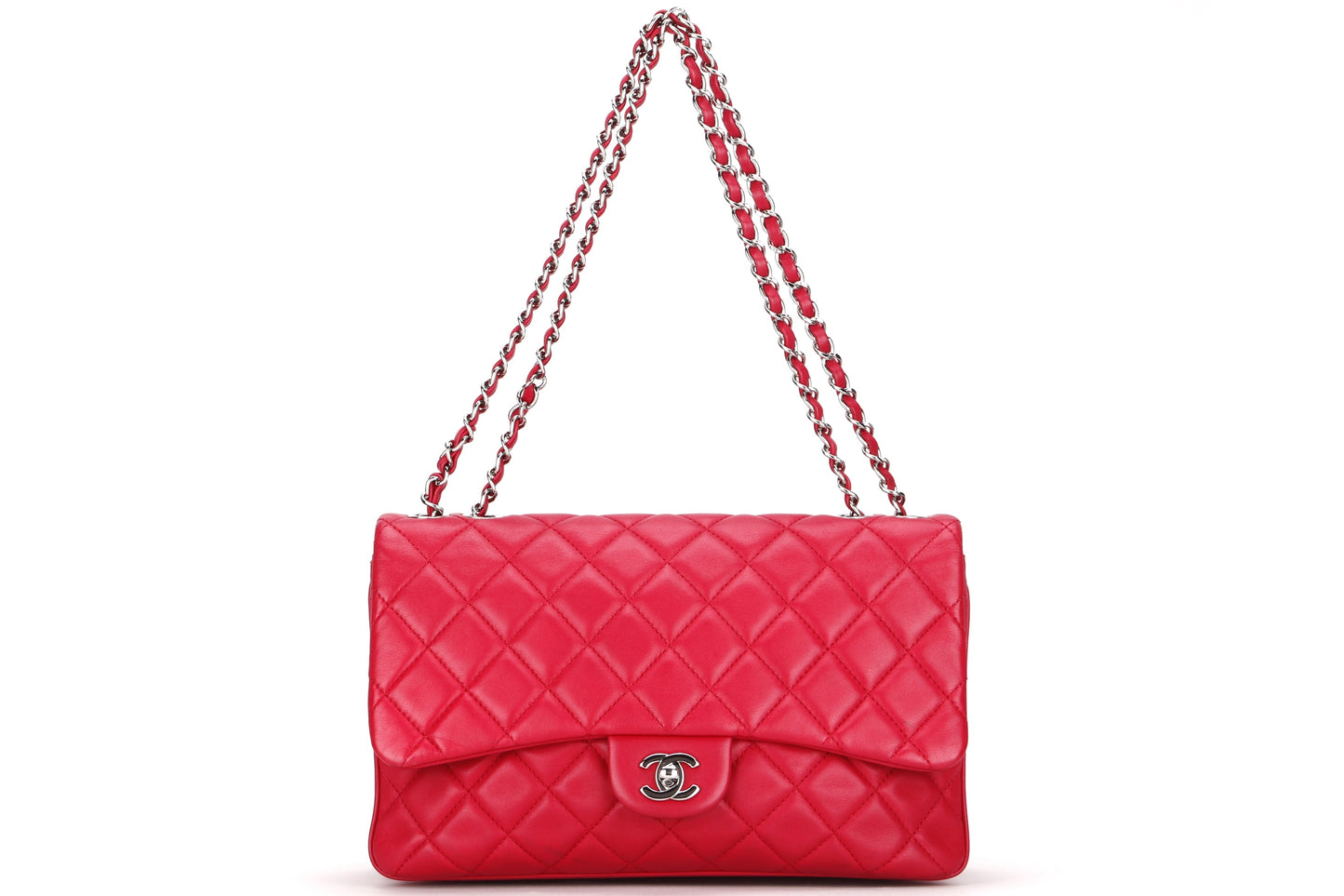 CHANEL CC FLAP (1912xxxx) JUMBO DARK PINK LAMBSKIN SILVER HARDWARE, WITH  & DUST COVER