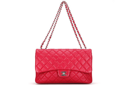 CHANEL CC FLAP (1912xxxx) JUMBO DARK PINK LAMBSKIN SILVER HARDWARE, WITH  & DUST COVER