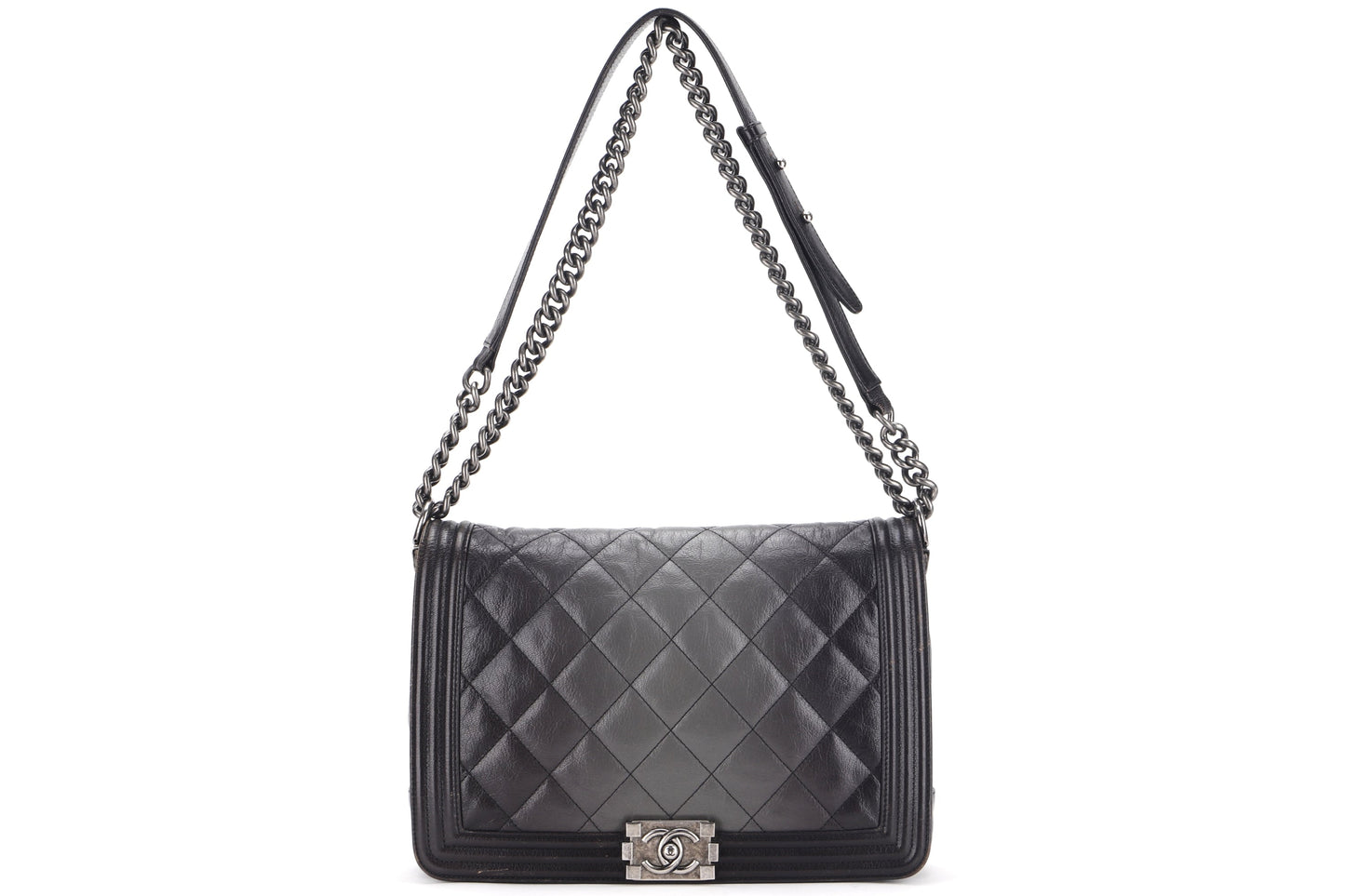 CHANEL LE BOY (1857xxxx) LARGE BLACK OMBRE GLAZED CALF LEATHER RUTHENIUM HARDWARE, WITH , NO DUST COVER