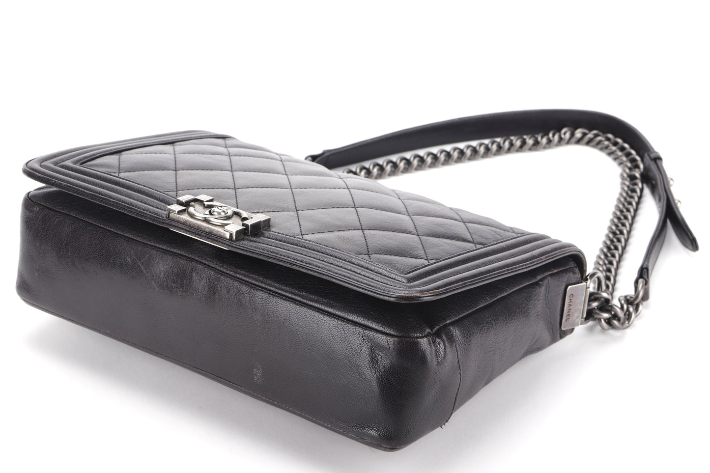 CHANEL LE BOY (1857xxxx) LARGE BLACK OMBRE GLAZED CALF LEATHER RUTHENIUM HARDWARE, WITH , NO DUST COVER