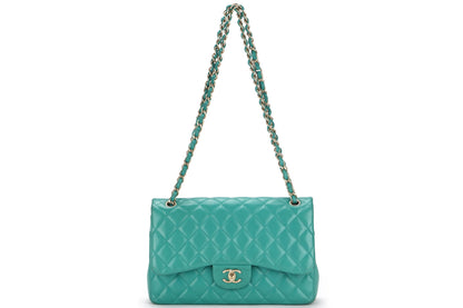 CHANEL DOUBLE FLAP BAG (1798xxxx) JUMBO GREEN LAMBSKIN LEATHER GOLD HARDWARE, WITH DUST COVER, NO
